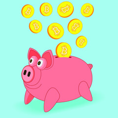 piggy bank and coins, bitcoins