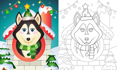 coloring book with a cute husky dog christmas characters using hat and scarf inside the house