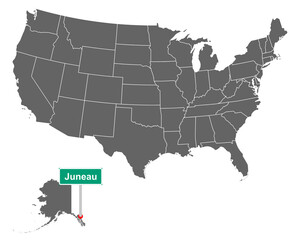 Fototapeta na wymiar Juneau Ortsschild und Karte der USA