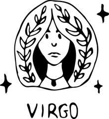 Vector illustration of the zodiac sign Virgo in the power of Doodle, black outline on an isolated white background. The concept of astrology, mysticism, divination, horoscopes. Can be used for books
