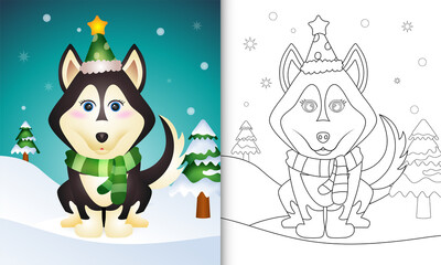 coloring book with a cute husky dog christmas characters with a hat and scarf