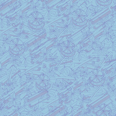 Seamless pattern of cinnamon sticks and anise stars, contour drawing on a blue background. Vector endless texture for your design