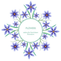 Round frame with watercolor blooming plants. Hand drawn wild flowers arrangement. Botanical floral border for packaging, label, logo design.