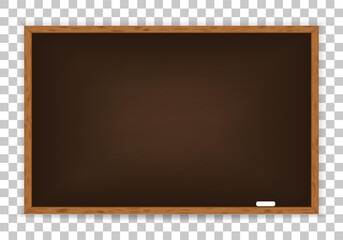 Rubbed out dirty chalkboard. Realistic brown chalkboard with wooden frame isolated on transparent background. Empty school chalkboard for classroom or restaurant menu. Template blackboard for design