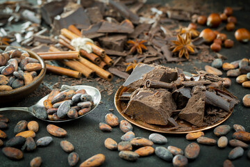 Pieces of dark chocolate and cocoa beans in composition on old background