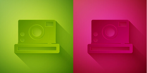 Fototapeta premium Paper cut Photo camera icon isolated on green and pink background. Foto camera icon. Paper art style. Vector.