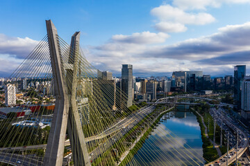 Estaiada's bridge aerial view. São Paulo, Brazil. Business center. Financial Center. City landscape. Cable-stayed bridge of Sao Paulo. Downtown. City view. Aerial landscape