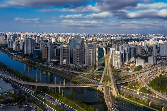Estaiada's bridge aerial view. S&atilde;o Paulo, Brazil. Business center. Financial Center. City landscape. Cable-stayed bridge of Sao Paulo. Downtown. City view. Aerial landscape