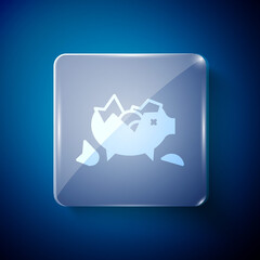 White Broken piggy bank icon isolated on blue background. Icon saving or accumulation of money, investment. Square glass panels. Vector.