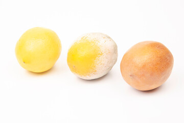 Rotten lemon next to fresh lemons on a white background