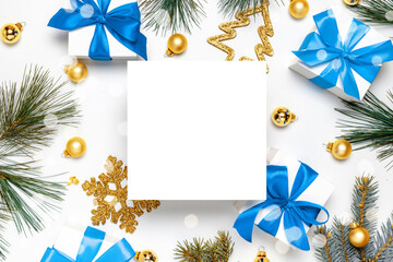 Fototapeta na wymiar Gift boxes white. White gifts with blue ribbon, New Year balls and Christmas tree on white background for greeting card. Xmas backdrop with space for text.