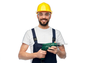 profession, construction and building - happy smiling male worker or builder in helmet and goggles...