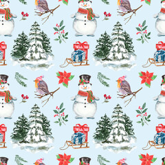 Winter forest trees and cute snowman seamless pattern. Watercolor hand painted Christmas elements and symbols on pastel blue background. Snowy pine tree, robin bird, gift boxes. Holiday print.