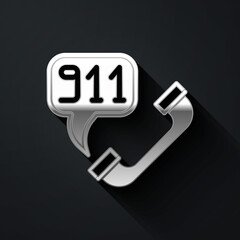 Silver Telephone with emergency call 911 icon isolated on black background. Police, ambulance, fire department, call, phone. Long shadow style. Vector.