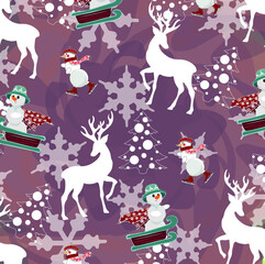 Illustration with snowman and deers on the pink background