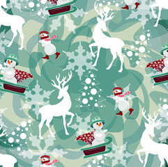 Illustration with snowman and deers on the blue background