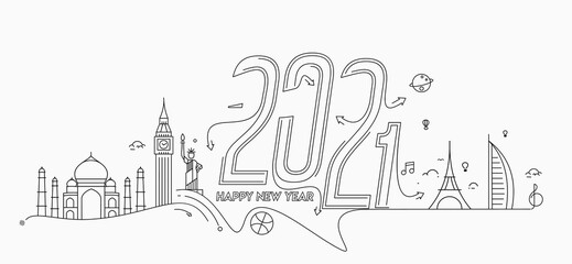 Happy New Year 2021 Text with travel world Design Patter, Vector illustration.