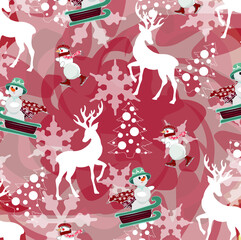 Obraz premium Illustration with snowman and deers on the red background