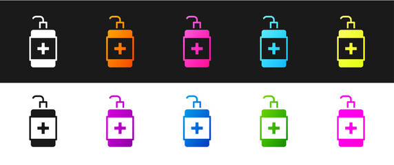 Set Hand sanitizer bottle icon isolated on black and white background. Disinfection concept. Washing gel. Alcohol bottle for hygiene. Vector.