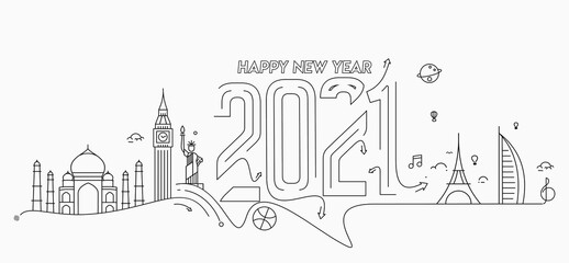 Happy New Year 2021 Text with travel world Design Patter, Vector illustration.