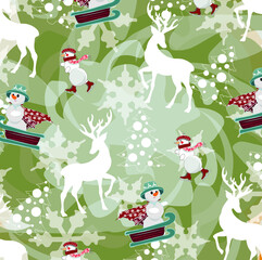 Naklejka premium Illustration with snowman and deers on the green background