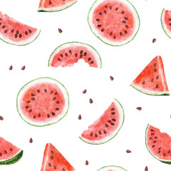 Seamless pattern with watercolor watermelon isolated on white background.