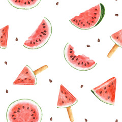Seamless pattern with watercolor watermelon isolated on white background.