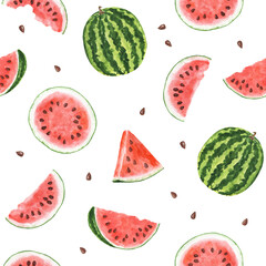 Seamless pattern with watercolor watermelon isolated on white background.