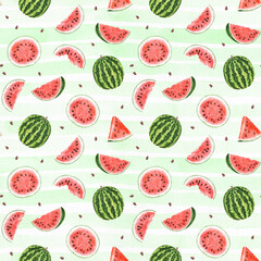 Seamless pattern with watercolor watermelon isolated on striped green background.