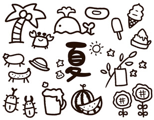 手描き風の夏素材セット　線画のみ