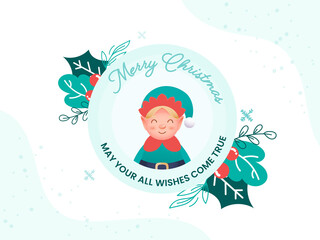 Merry Christmas Greeting Card Design With Cartoon Elf Character And Leaves Decorated Background.