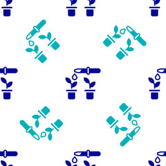 Blue Drop of water drops from pipette on plant icon isolated seamless pattern on white background. Medical or agricultural experiments. Fertilizers and pesticides. Vector.