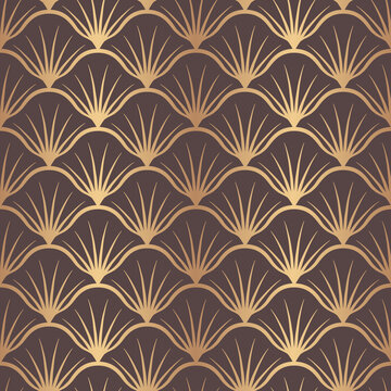 Vector seamless pattern golden nouveau. Art deco fan gold. Gatsby gold texture. Vintage scale ornate background. Classic great style. Roaring ornament. Elegant motif. Delicate design shell for prints