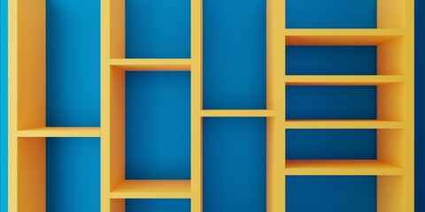 3d rendering of empty bookshelf yellow blue wall abstract minimal concept background trendy. Scene for advertising, show, technology, banner, kid, children, interior. Illustration. Product display © Tanawat Thipmontha