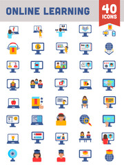 Colorful Online Learning Icon Set in Flat Style.
