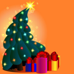 Greeting card with Christmas tree, gifts and lights