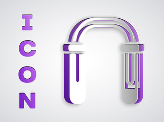 Paper cut Test tube and flask - chemical laboratory test icon isolated on grey background. Fluid transfer system. Laboratory glassware sign. Paper art style. Vector.