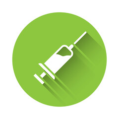 White Syringe with serum icon isolated with long shadow. Syringe for vaccine, vaccination, injection, flu shot. Medical equipment. Green circle button. Vector.