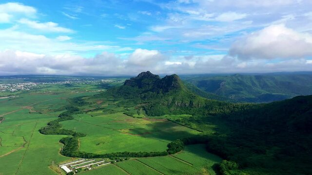 Aerial view, flight at the Mont du Rempart mountain, corps de grande,.Mont saint Pierre region Black River, behind the places Vacoas-Phoenix and Quatre Bornes, Mauritius, Africa