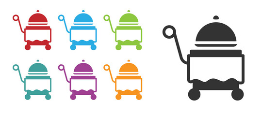 Black Covered with a tray of food icon isolated on white background. Tray and lid sign. Restaurant cloche with lid. Set icons colorful. Vector.