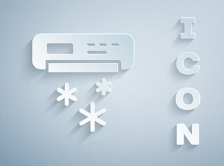 Paper cut Air conditioner icon isolated on grey background. Split system air conditioning. Cool and cold climate control system. Paper art style. Vector.
