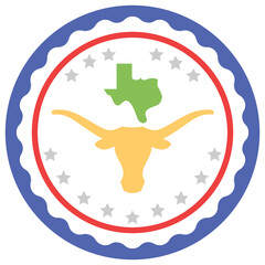 
Texas map and its speciality of cow skull in a round icon of flag colors is depicting texas independence day
