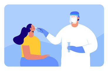 Coronavirus (COVID-19) test. Doctor taking or DNA test by nasal (nose) swab probe, patient being tested, lab analysis. Cartoon Flat Vector Illustration.