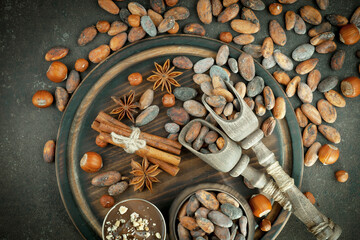 Cocoa beans on an old background.