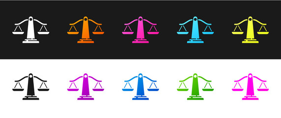 Set Scales of justice icon isolated on black and white background. Court of law symbol. Balance scale sign. Vector.