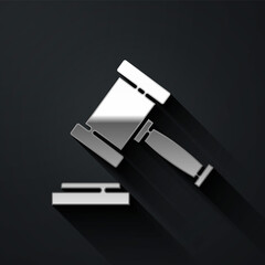 Silver Judge gavel icon isolated on black background. Gavel for adjudication of sentences and bills, court, justice. Auction hammer. Long shadow style. Vector.