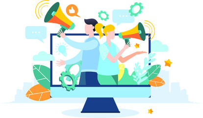 Modern flat illustration. People with a megaphone on TV. Advertising promotion. Drawing attention. A man and a Woman speak through a megaphone.