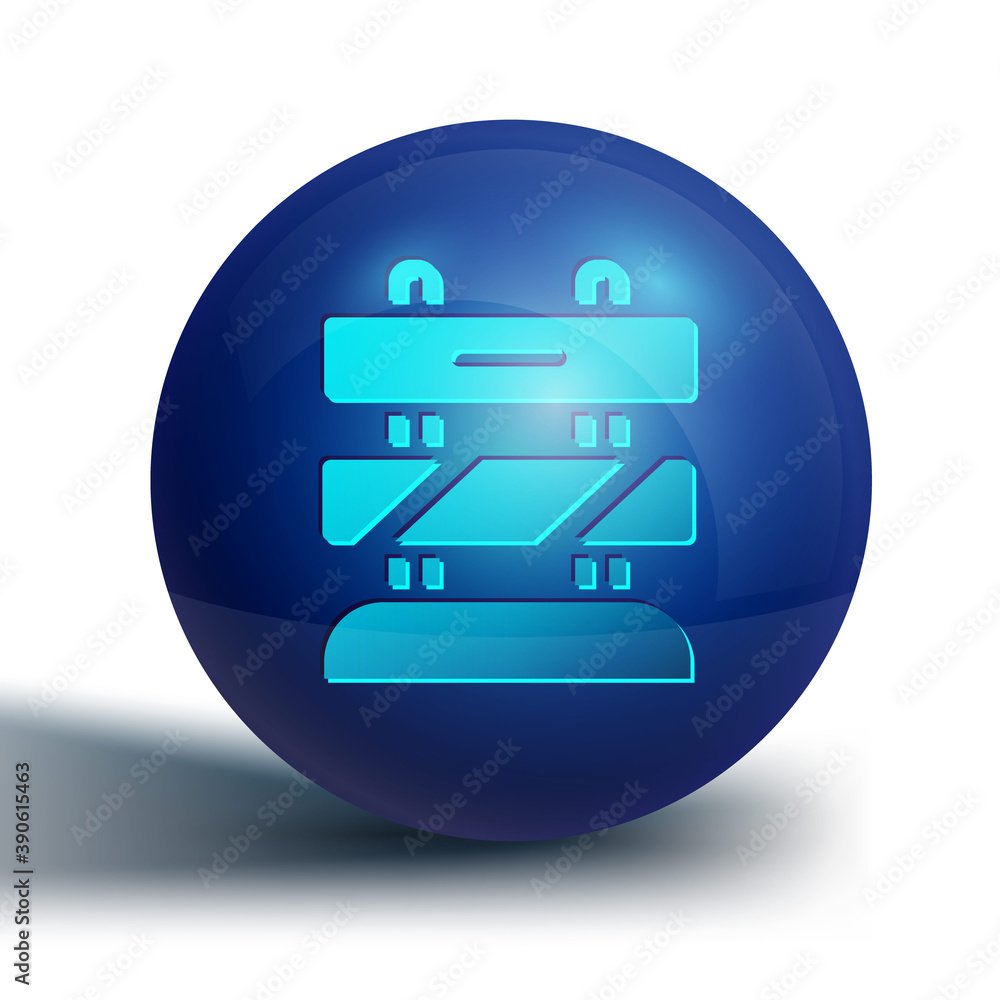 Poster blue end of railway tracks icon isolated on white background. stop sign. railroad buffer end to dest