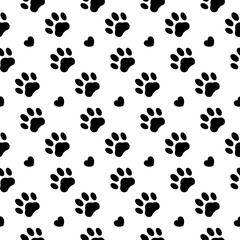 Fototapeta na wymiar Pet prints. Paw seamless pattern. Black and white background for pets, dog or cat. Foot puppy. Silhouette shape paw. Footprint pet. Animal track. Trace foot dog, cat. Design walk pet for print. Vector