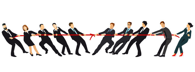 Tauziehen. Teams, die an entgegengesetzten Enden eines Seils gegeneinander ziehen, kämpfen um die Vormachtstellung der Unternehmen oder die Marktkontrolle. Geschäftskonzept Illustration